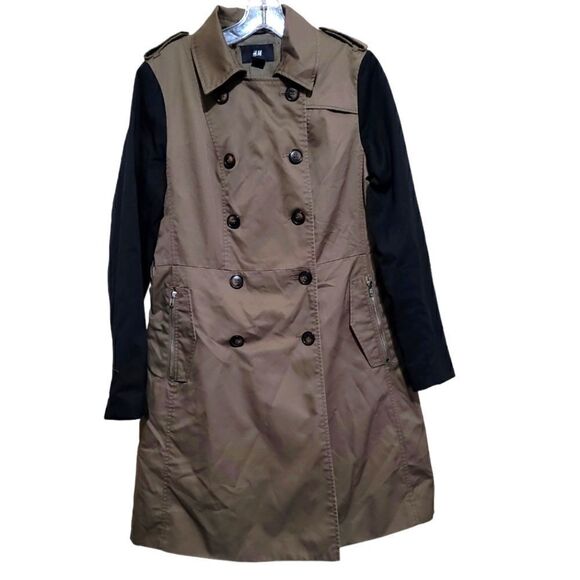 HM Brown and Black ColorBlock Trench Coat Sz 10 - Picture 1 of 8